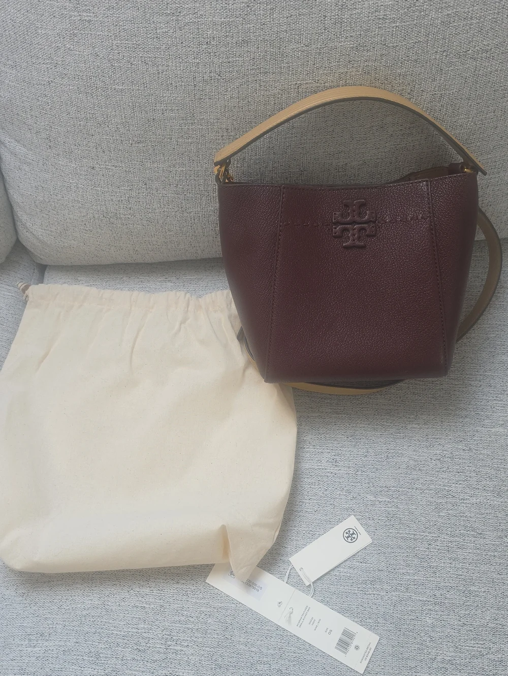 Tory Burch Maroon Pebbled Leather Bucket Shoulder Bag with Tan Strap